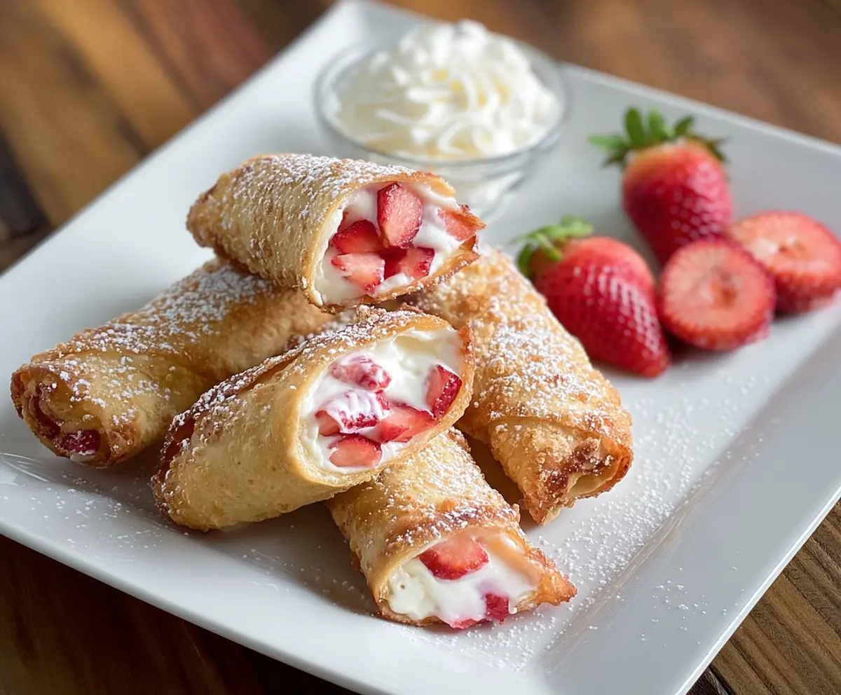 Delicious strawberry cheesecake egg rolls with a crispy golden exterior and creamy filling