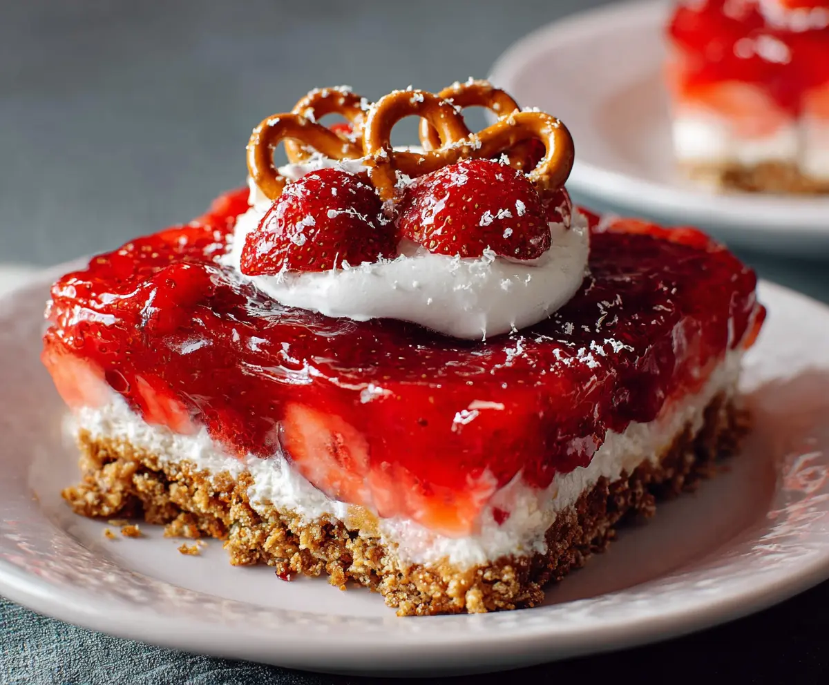 Delicious Strawberry Pretzel Dessert with a creamy strawberry topping on a flaky pretzel crust.