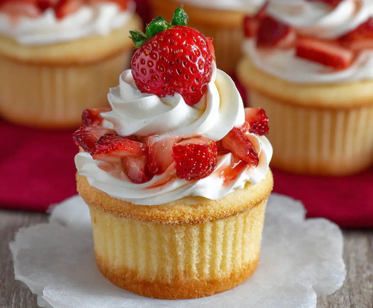 Delicious strawberry shortcake cupcakes topped with fresh strawberries and whipped cream.