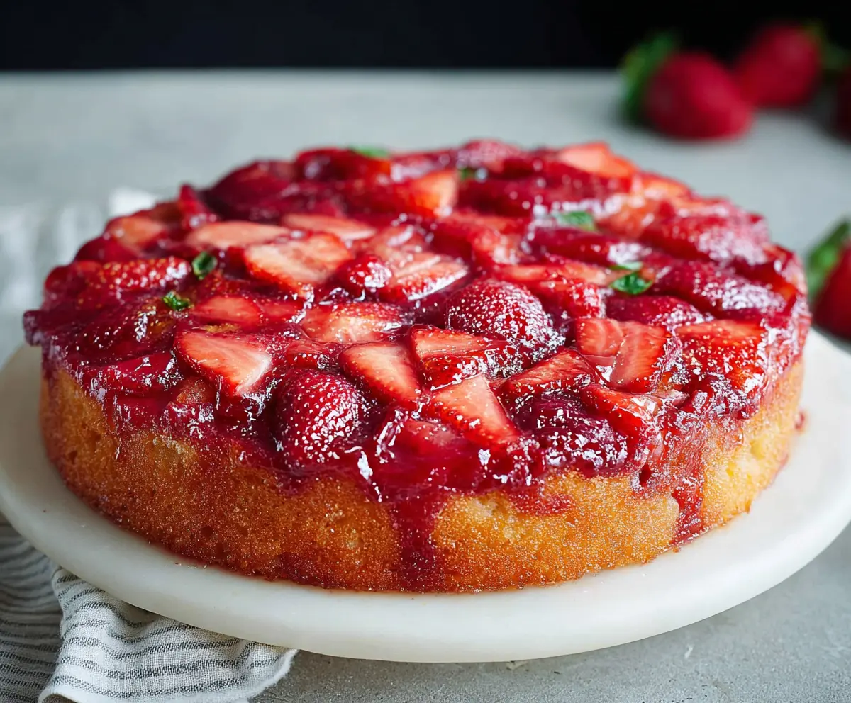 Delicious strawberry upside down cake with fresh strawberries and caramelized topping.