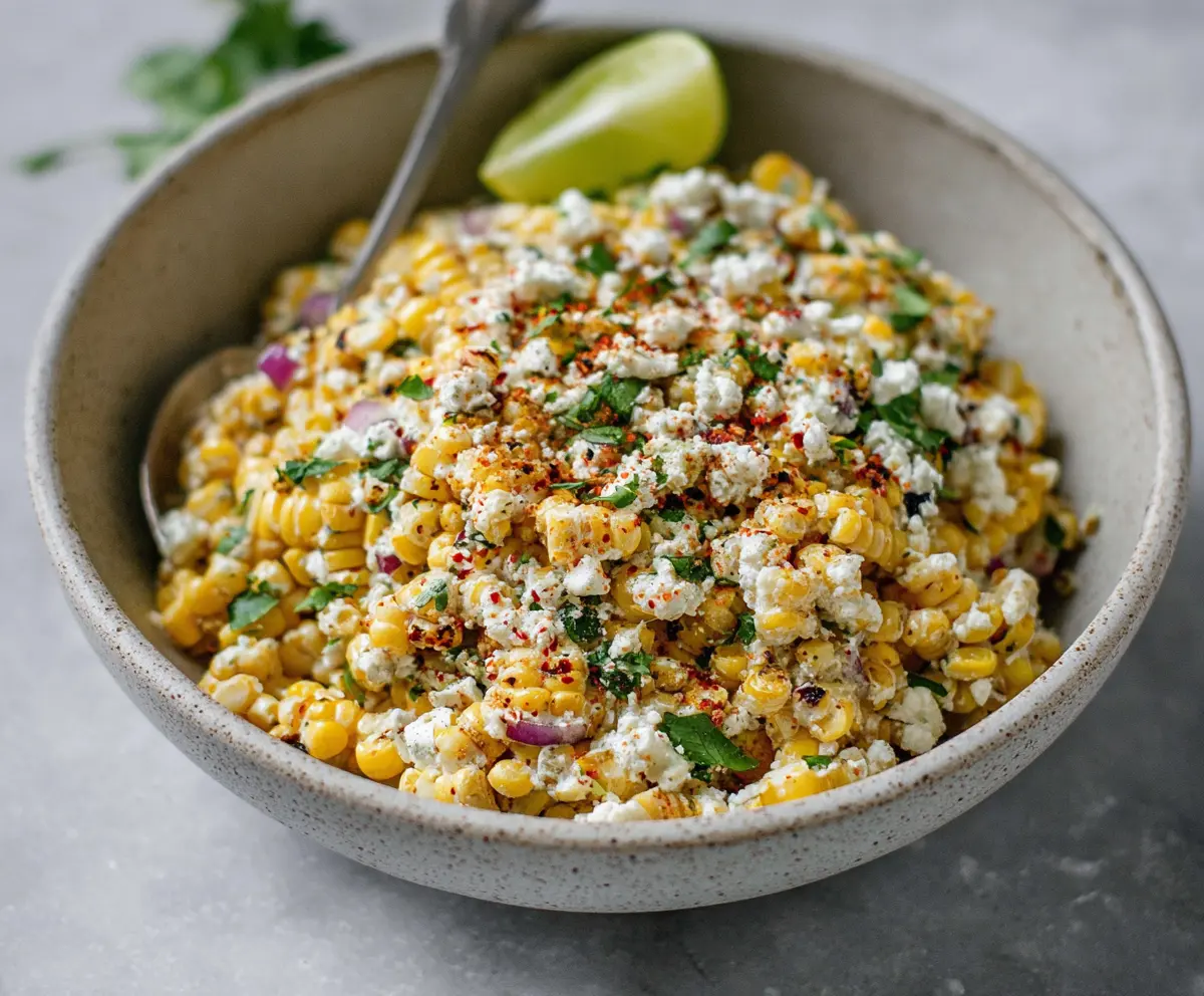 Colorful street corn salad with fresh herbs and a dollop of creamy Greek yogurt on top.