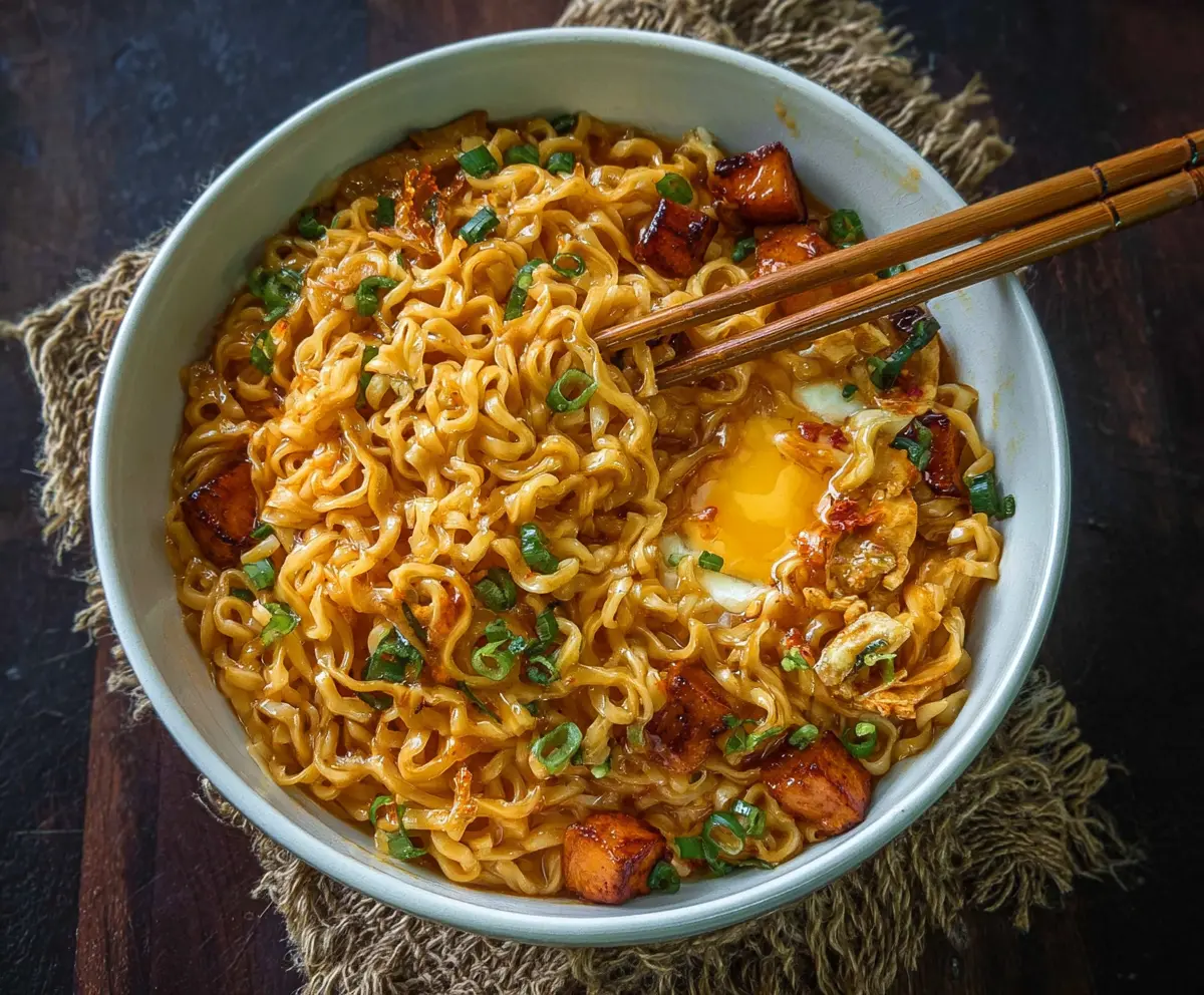 Bowl of flavorful Thai chili ramen noodles garnished with fresh herbs and chili slices