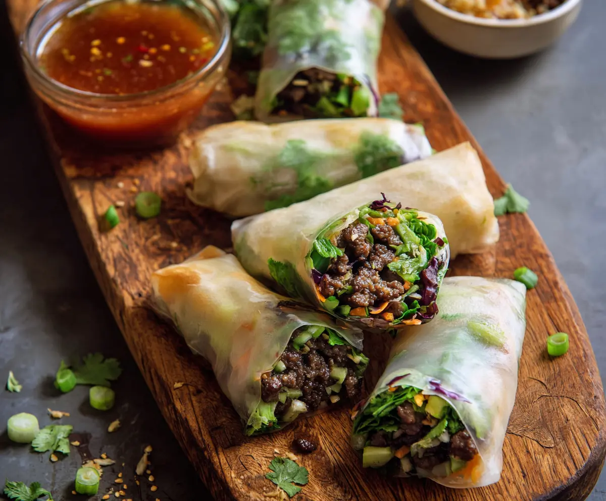 Fresh Thai beef spring rolls with vegetables and herbs on a plate, perfect for healthy appetizer or snack.
