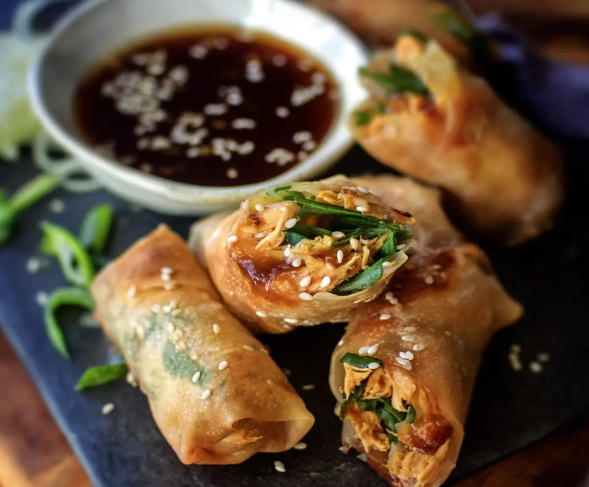 Healthy turmeric sesame chicken spring rolls with fresh vegetables and herbs