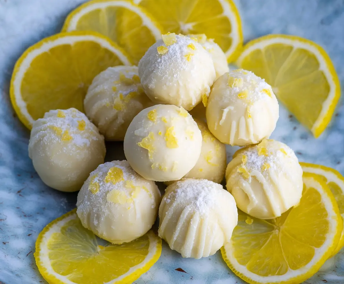 Delicious white chocolate lemon truffles on a decorative plate, perfect for dessert lovers.