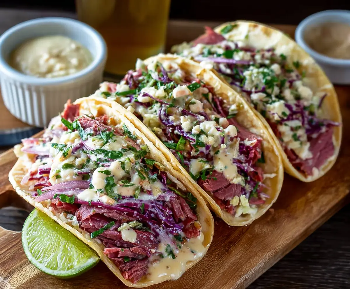 Delicious Corned Beef Tacos topped with fresh herbs and salsa on a plate.