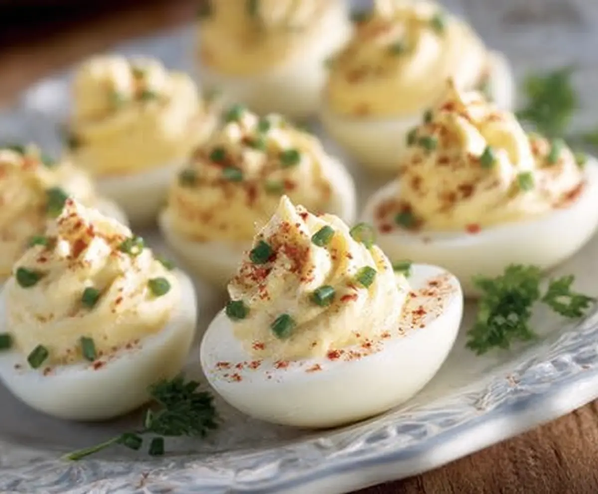 Cream Cheese Deviled Eggs on a platter, garnished with paprika and chives, served as an appetizer.