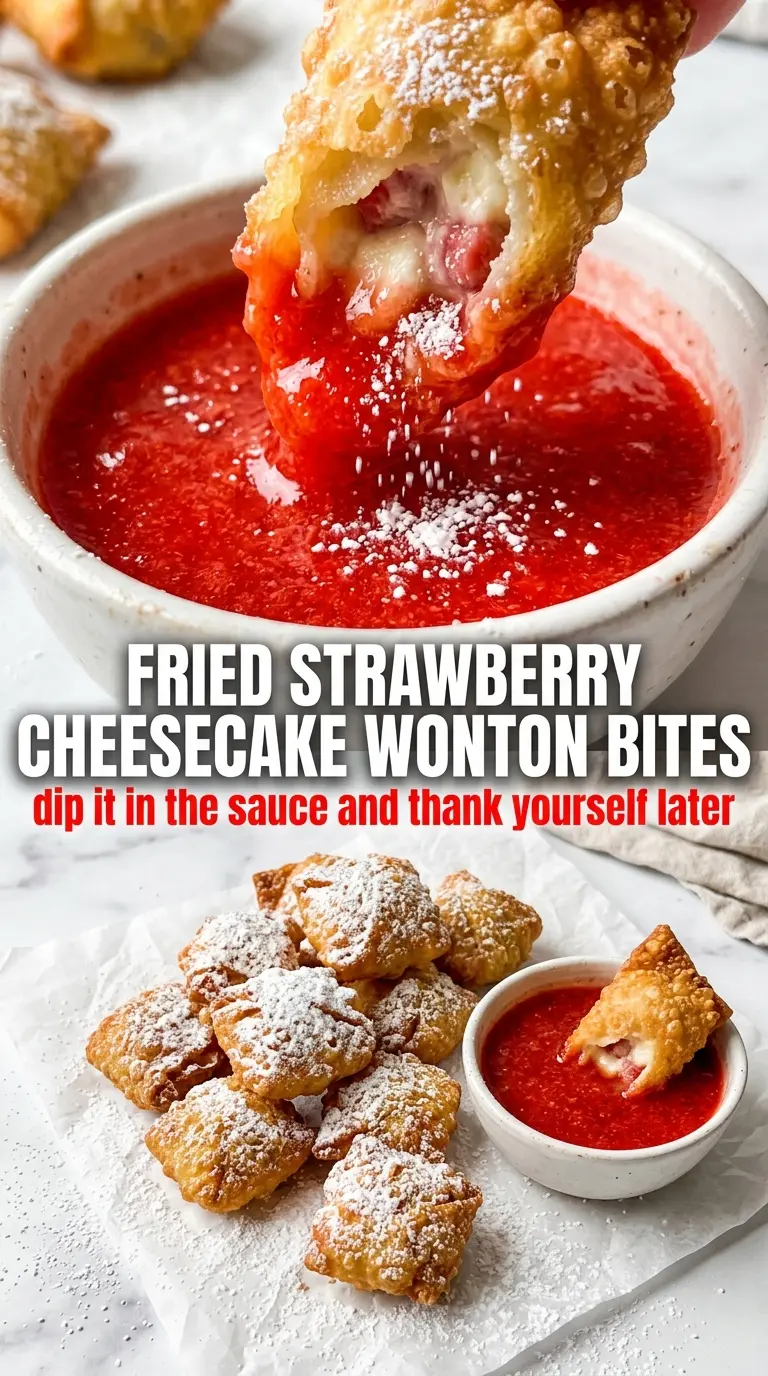 Fried Strawberry Cheesecake Wonton Bites crispy creamy strawberry dessert