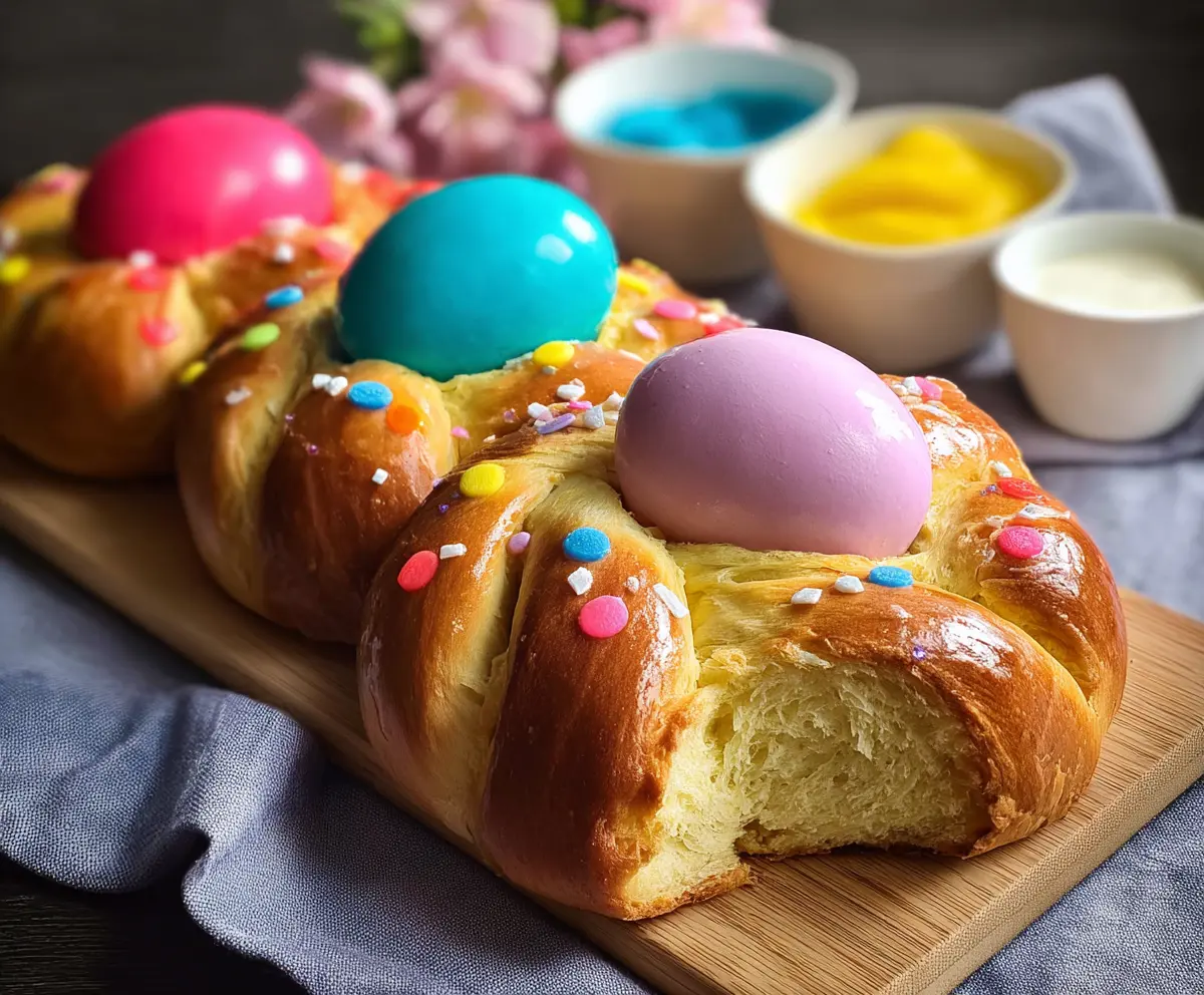 Festive Italian Easter bread adorned with colorful painted eggs on a holiday table.