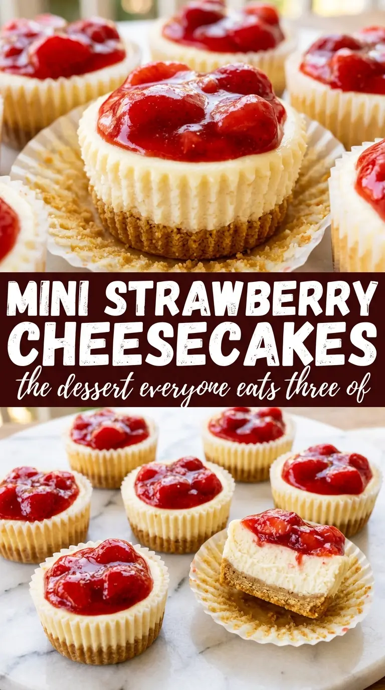 Mini Strawberry Cheesecakes with fresh strawberries, creamy filling, graham crust
