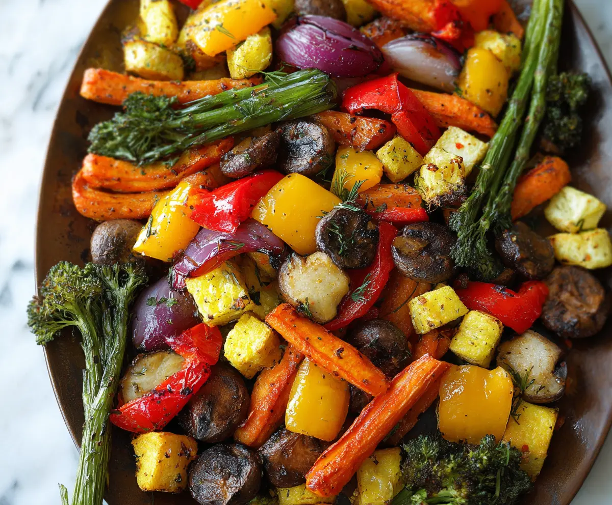 Colorful roasted vegetables platter with zucchini, bell peppers, and carrots, perfect for a healthy meal.