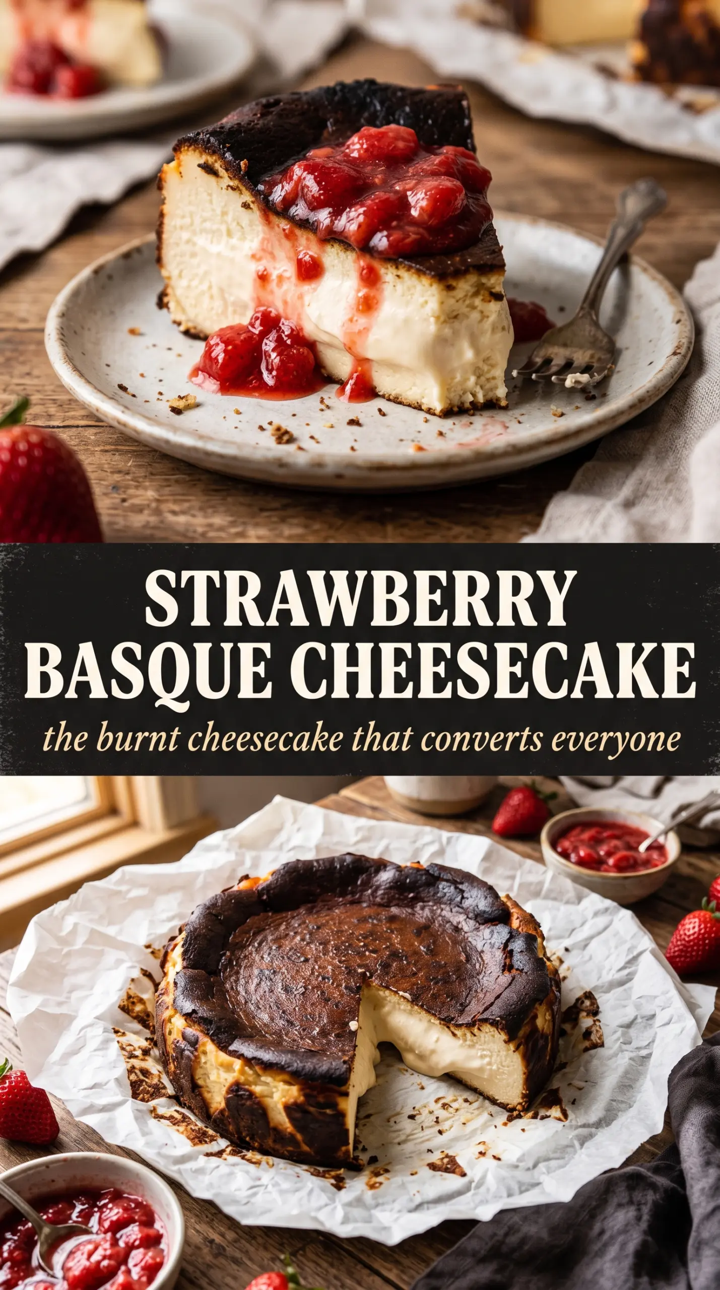 Strawberry Basque Cheesecake rustic cracked-top strawberries