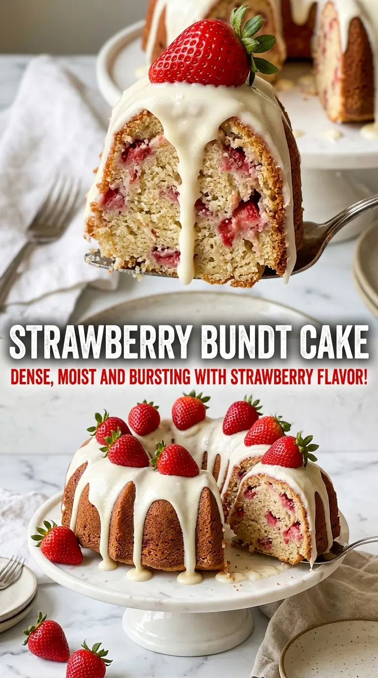 Strawberry Bundt Cake with glossy glaze, tender crumb, pink sponge