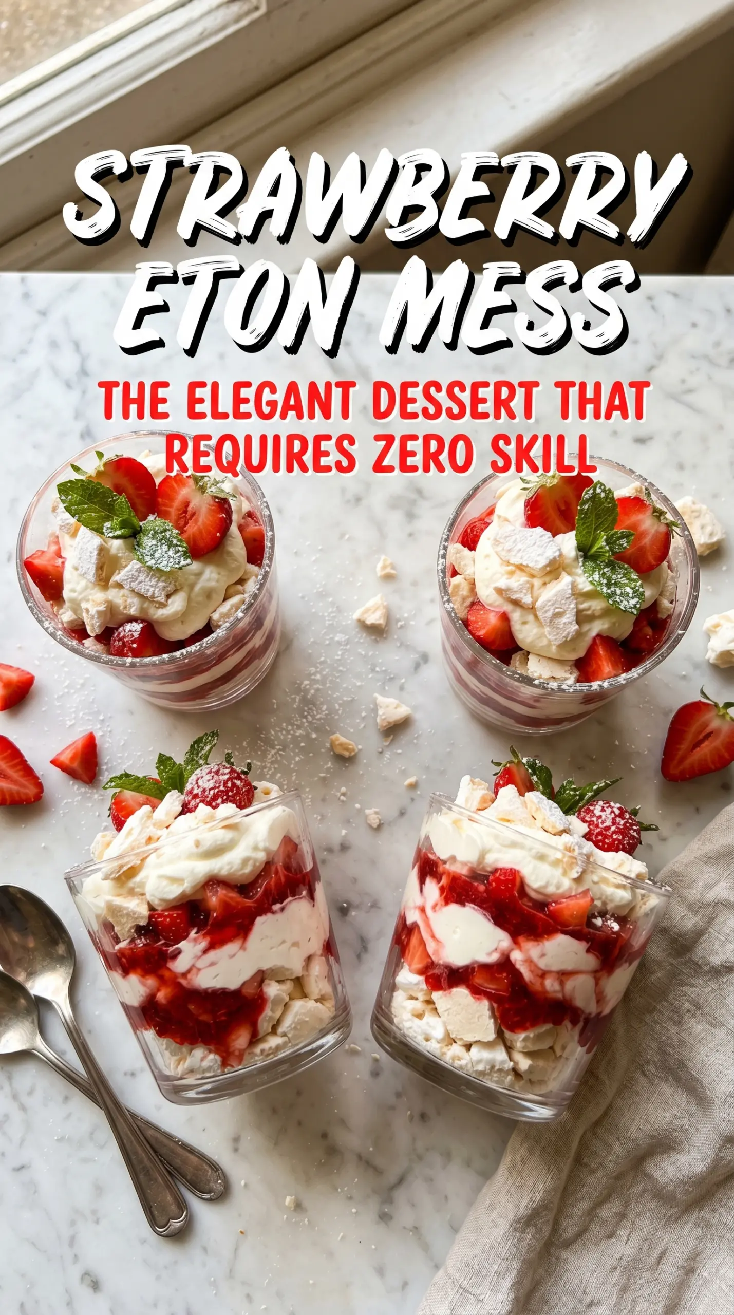 Strawberry Eton Mess layers, creamy, meringue, berries