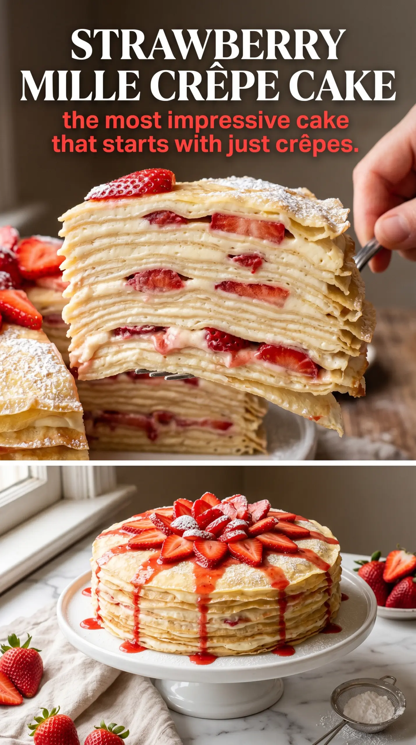 Strawberry Mille Crêpe Cake delicate layers, creamy, berry-filled