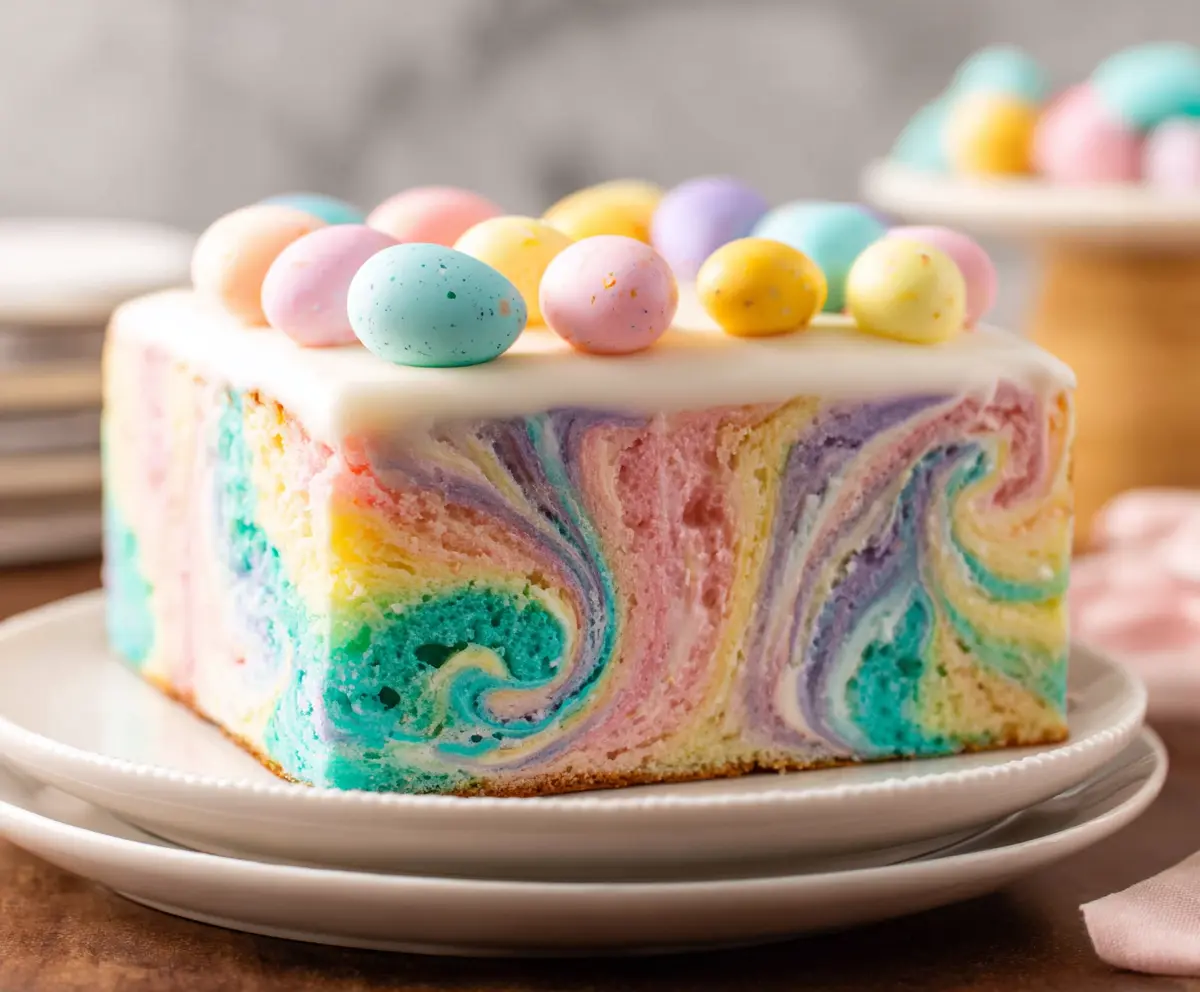 Colorful swirled Easter cake with vibrant frosting and festive sprinkles.