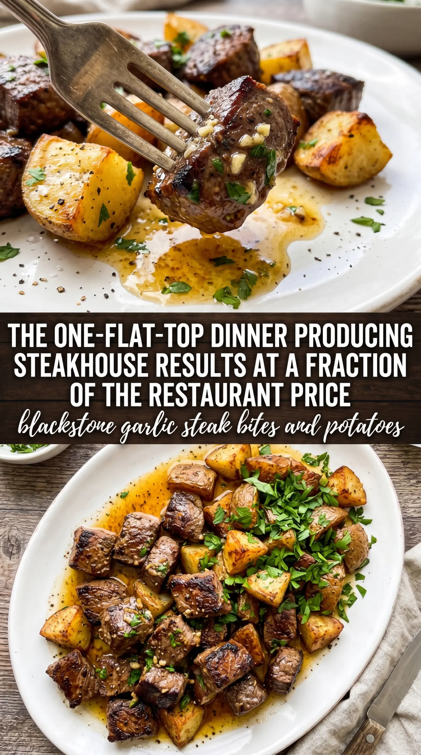 Blackstone Garlic Steak Bites and Potatoes, garlicky, golden, hearty