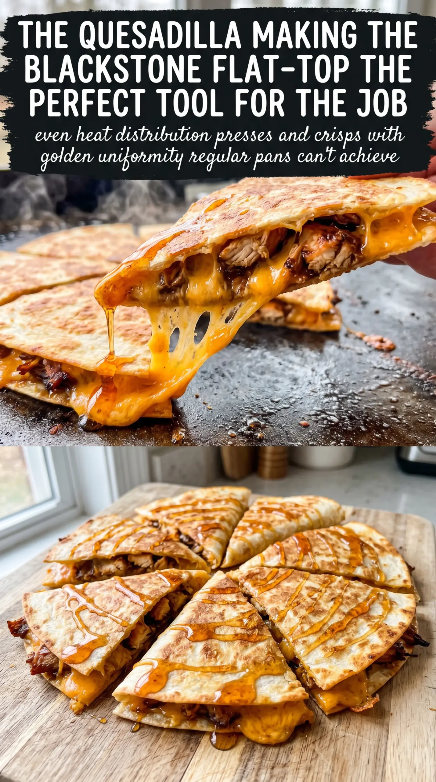 Blackstone Hot Honey BBQ Chicken Quesadillas, melty, spicy-sweet