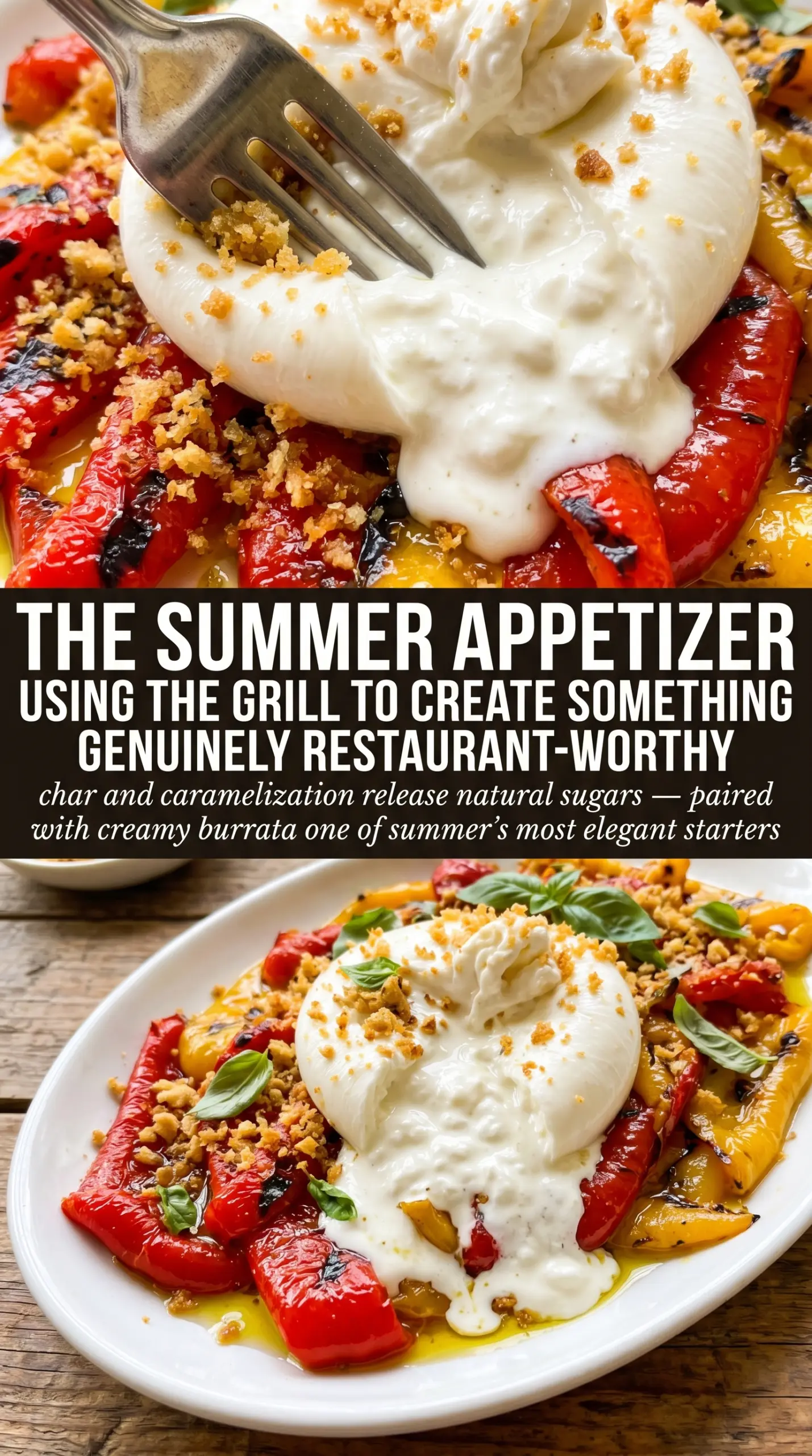 Grilled Marinated Peppers with Burrata and Breadcrumbs colorful creamy crispy