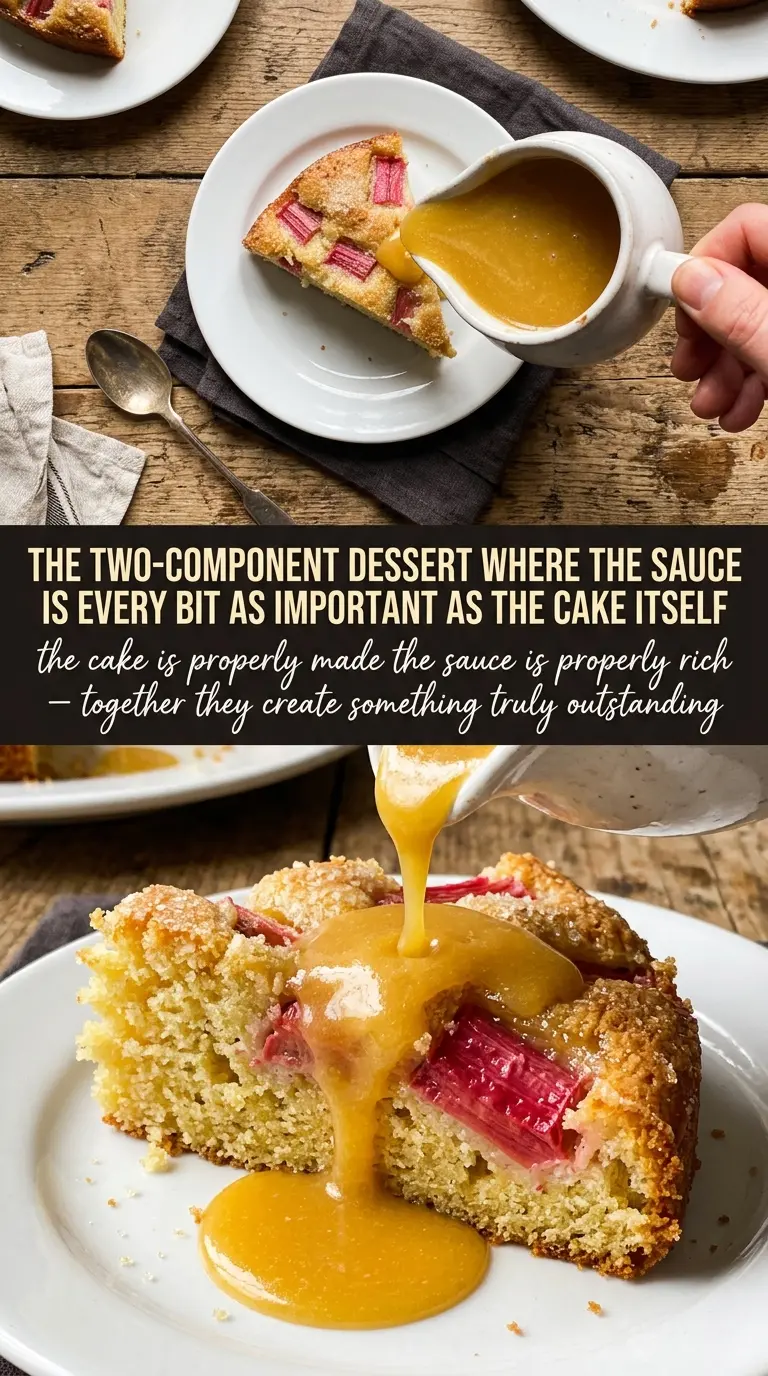 delicious rhubarb cake with butter sauce cooked tender