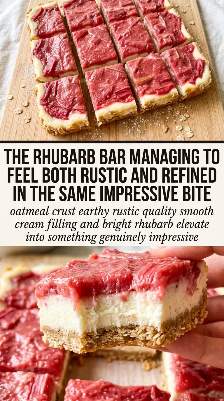 Rhubarb Cheesecake Bars with Oatmeal Crust, creamy swirls, buttery layers