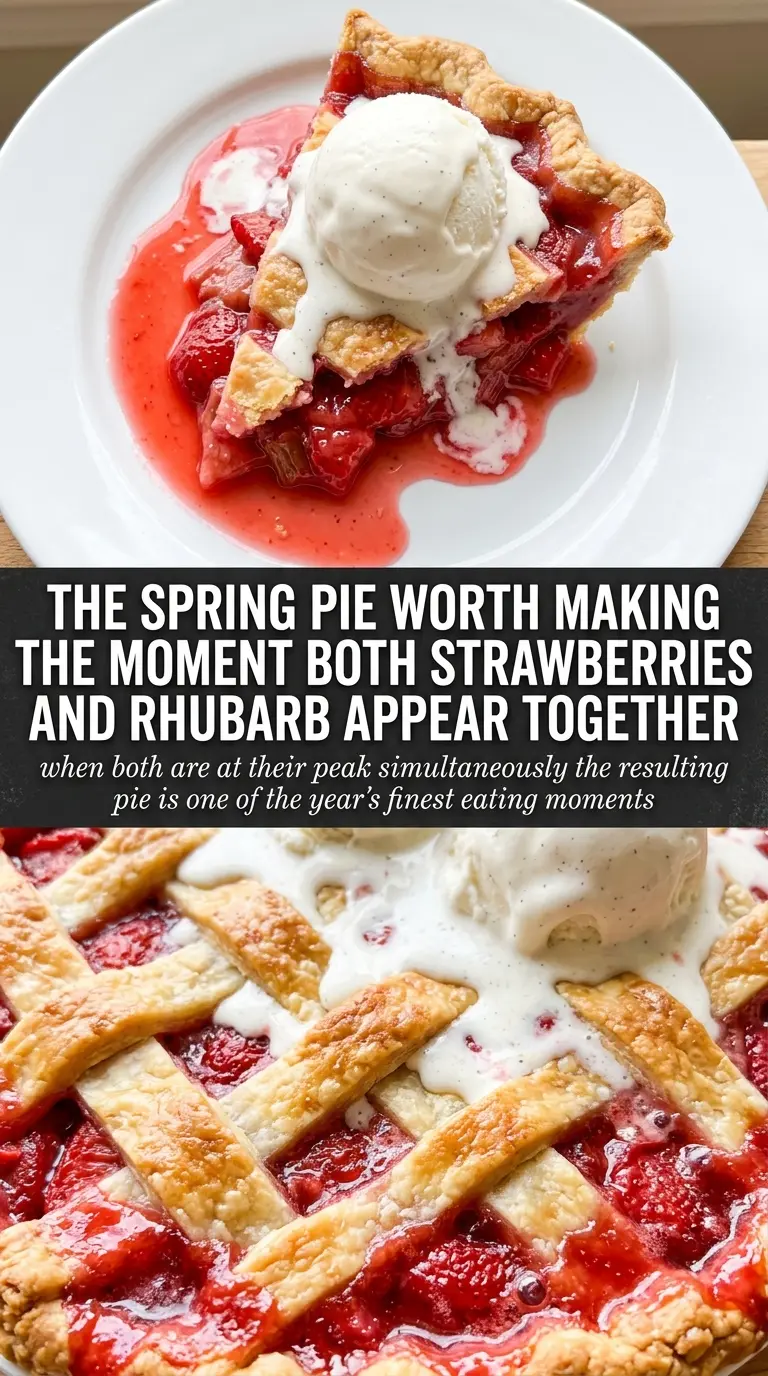 Strawberry rhubarb pie golden flaky crust bubbling fruit