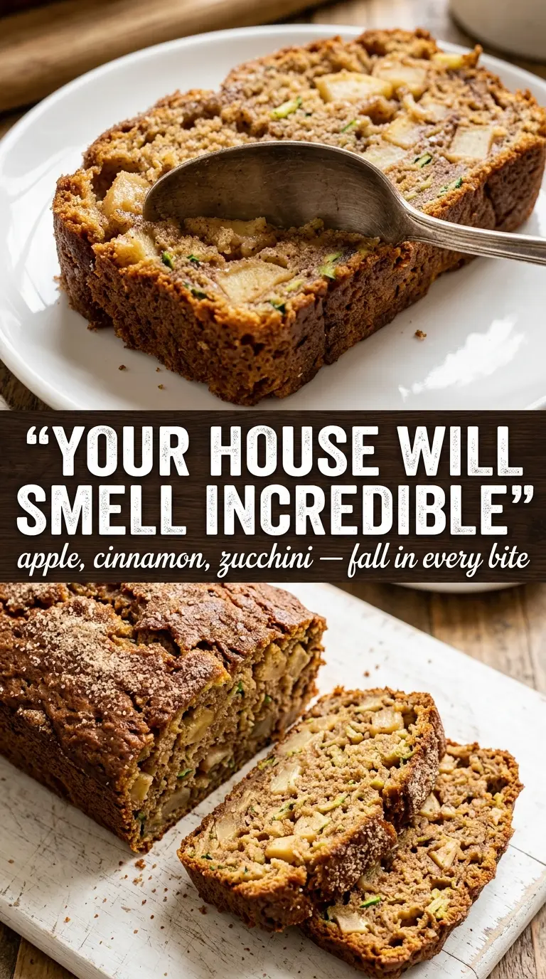 Apple zucchini bread with cinnamon crust, tender crumb, visible apple bits