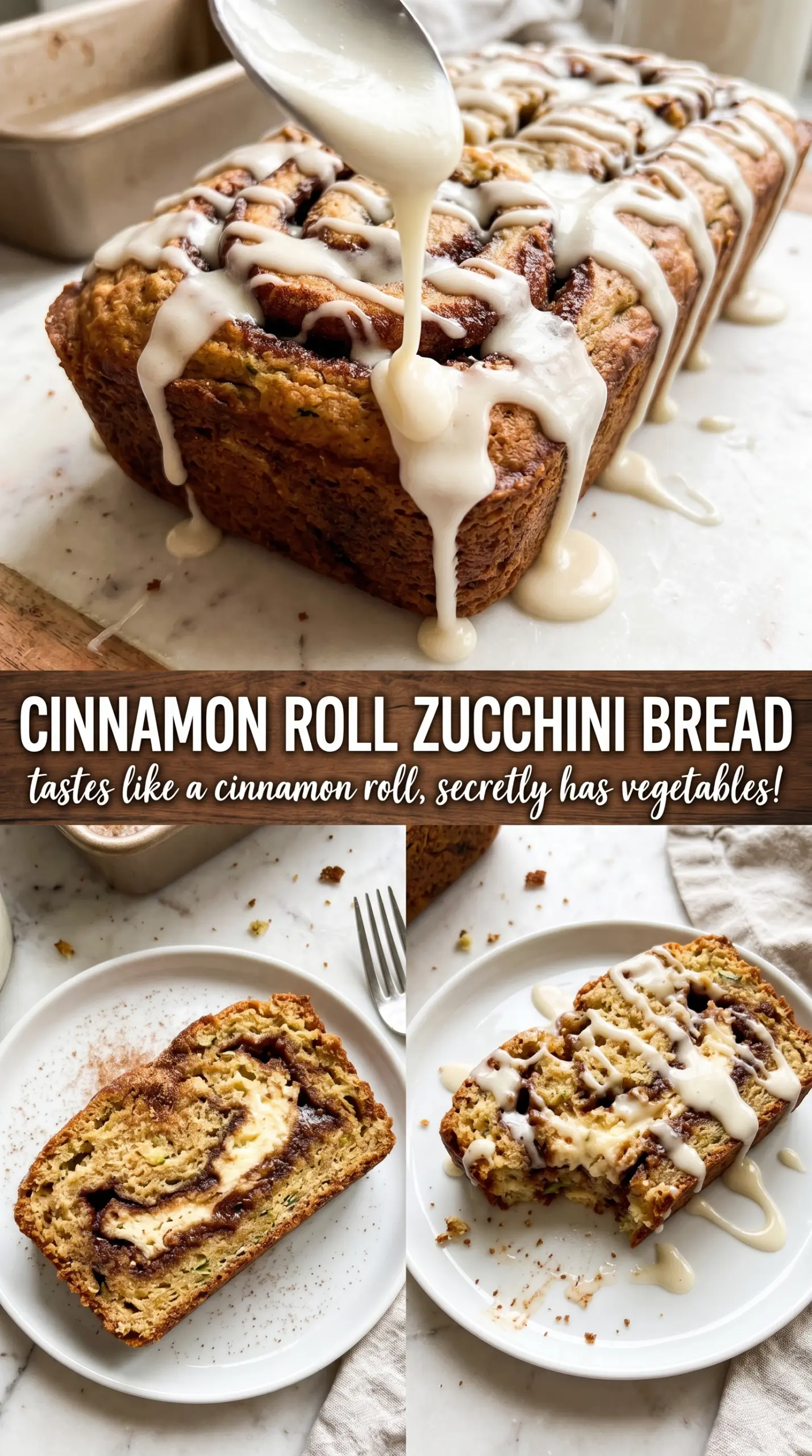 Cinnamon Roll Zucchini Bread swirled frosted loaf