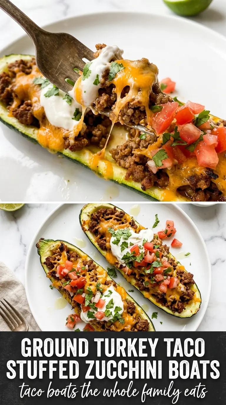 Ground Turkey Taco Stuffed Zucchini Boats cheesy taco