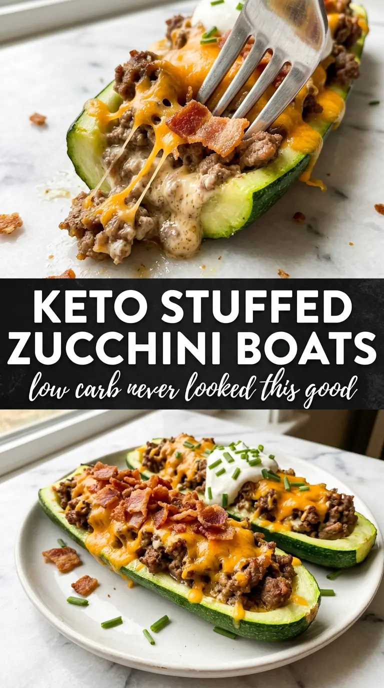 Keto Stuffed Zucchini Boats cheesy beef, browned, low carb