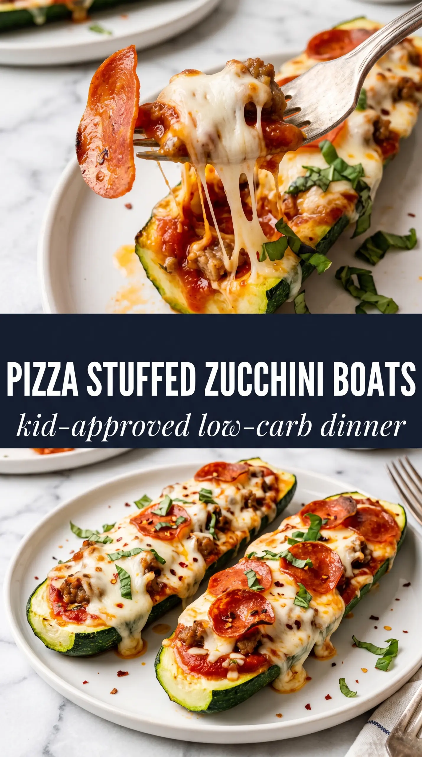 Pizza Stuffed Zucchini Boats with pepperoni, mozzarella, and basil