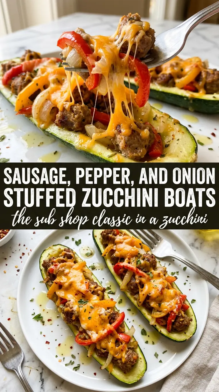 Sausage, Pepper, and Onion Stuffed Zucchini Boats with golden cheese