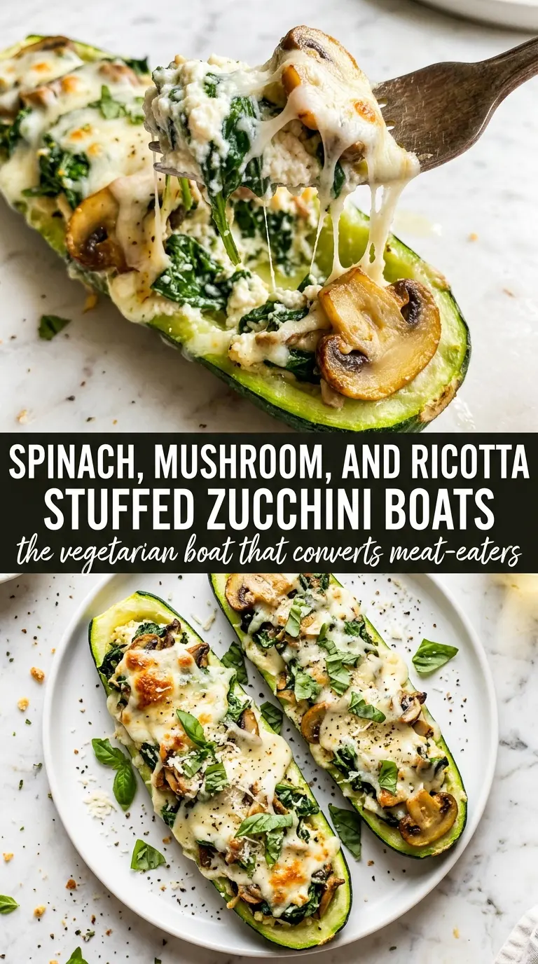 Spinach, Mushroom, and Ricotta Stuffed Zucchini Boats creamy savory golden