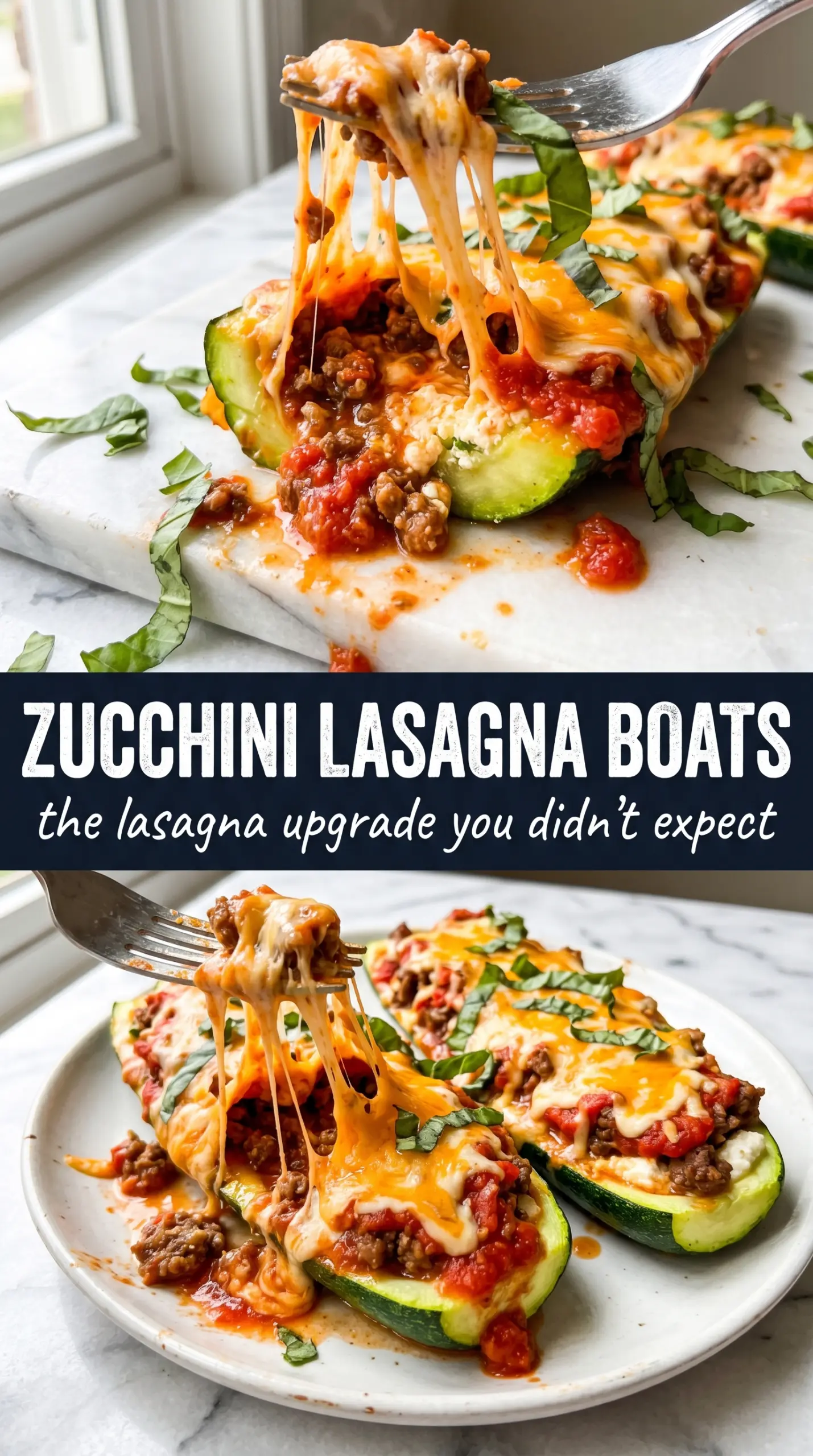 Zucchini Lasagna Boats layered, cheesy, baked