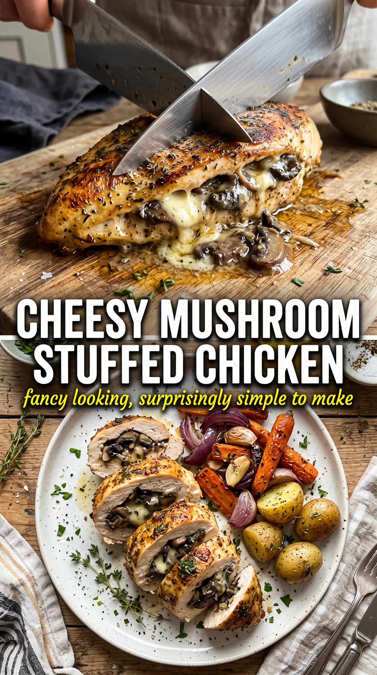 Cheesy Garlic Butter Mushroom Stuffed Chicken, golden, cheesy, savory