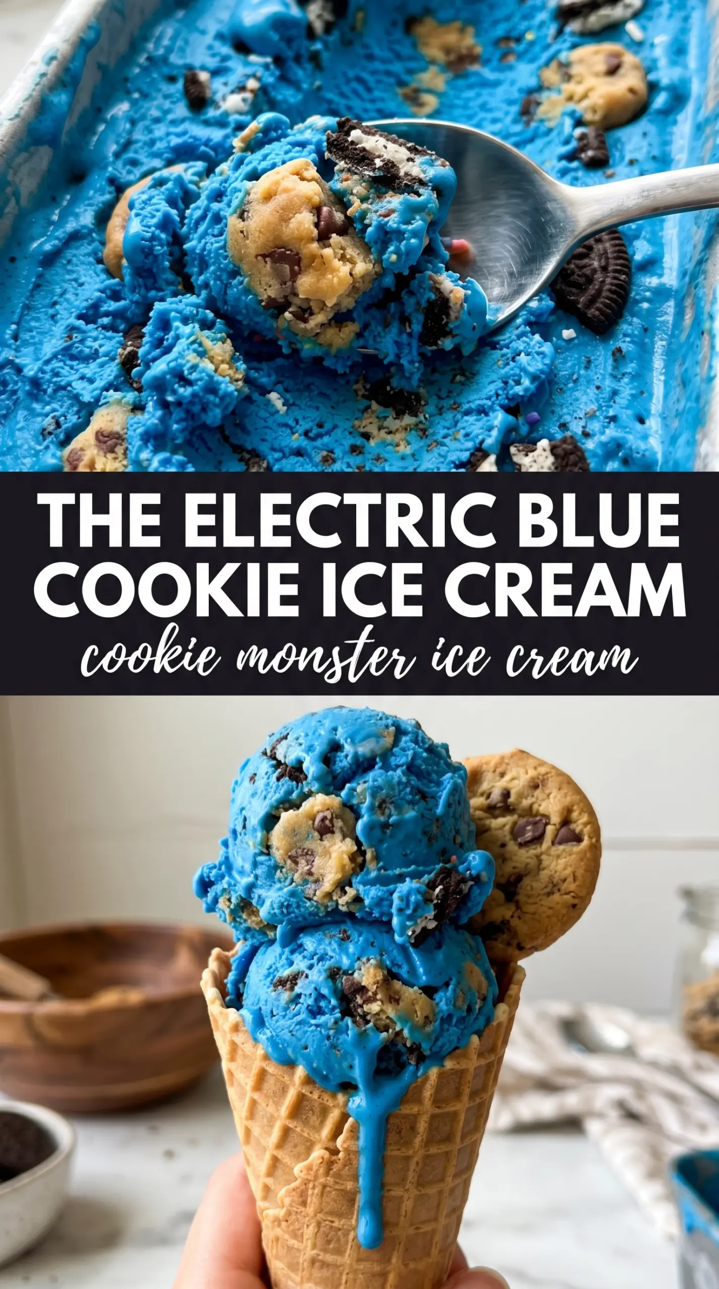 Cookie Monster Ice Cream vibrant blue, cookie chunks, no-churn