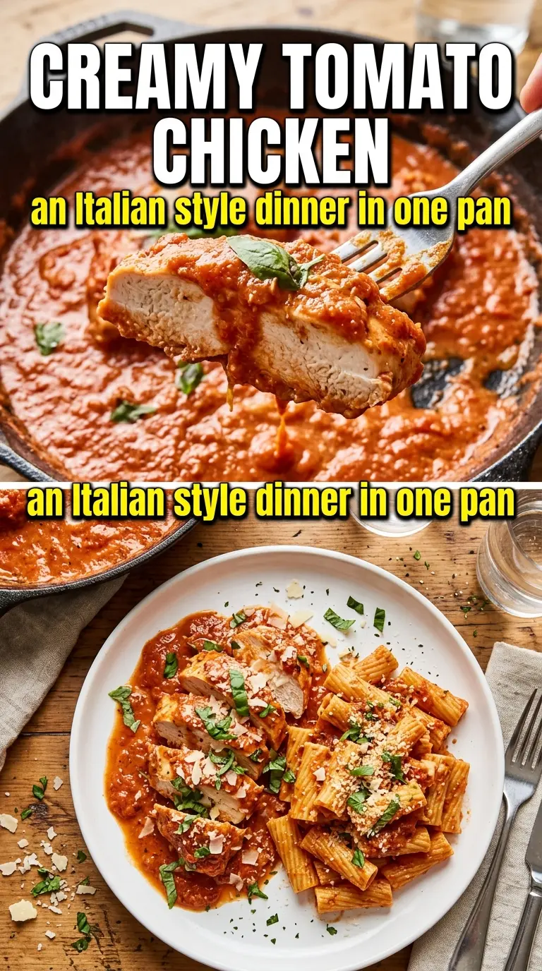 Creamy Tomato Chicken rosy, silky, basil-topped