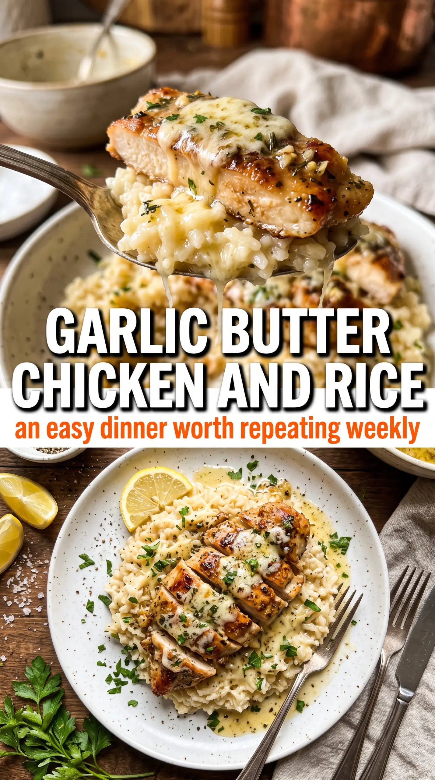 Garlic Butter Chicken with Parmesan Rice, creamy golden, skillet dinner