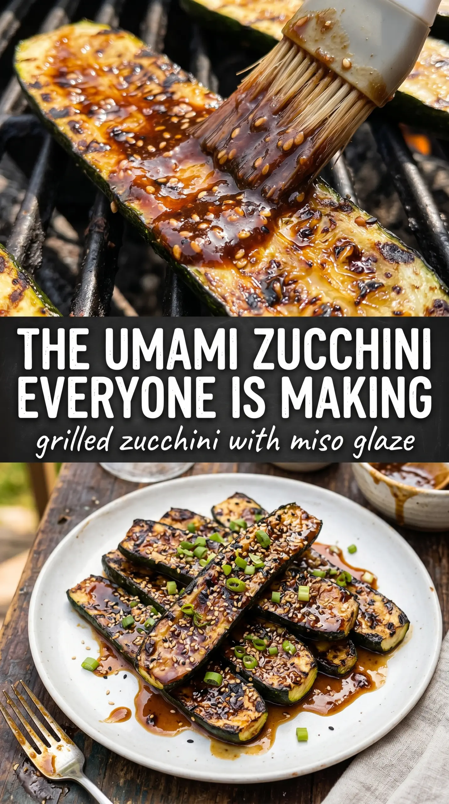 Grilled Zucchini with Miso Glaze, caramelized sesame