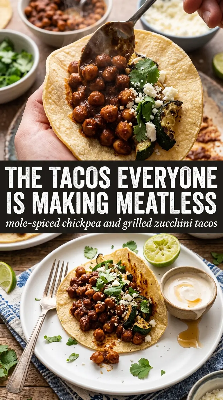 Mole-Spiced Chickpea and Grilled Zucchini Tacos, charred, creamy, vibrant