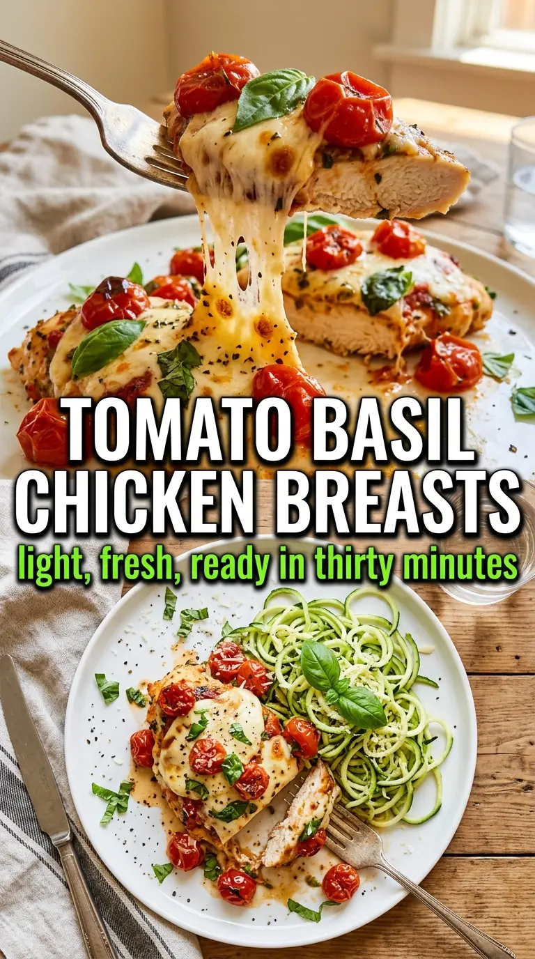 Tomato Basil Chicken Breasts with burst tomatoes, basil, Parmesan