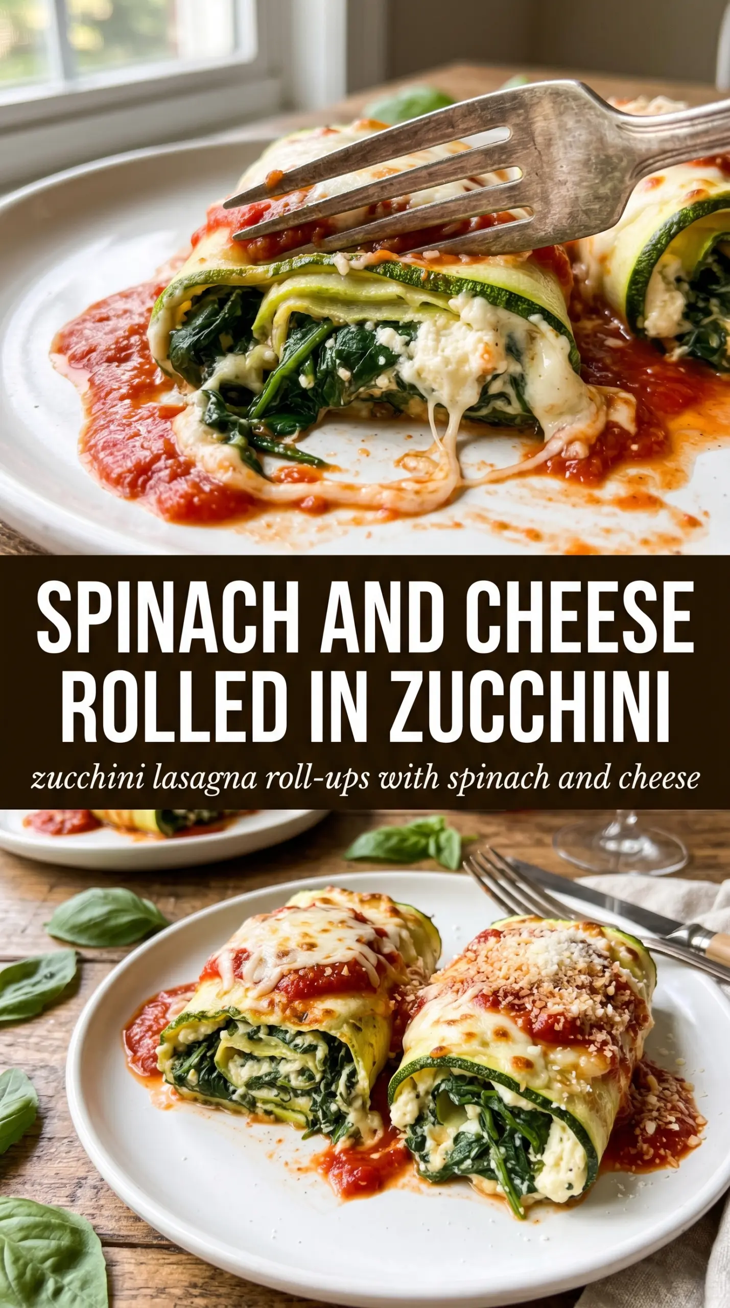 Zucchini lasagna roll-ups with spinach and cheese, baked, golden