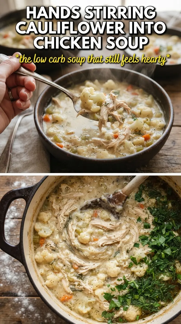 Cauliflower Chicken Soup creamy golden, cauliflower florets, cheddar