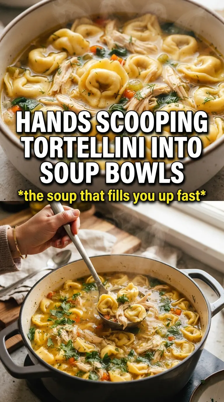 Chicken Tortellini Soup with golden broth, cheese tortellini, and basil