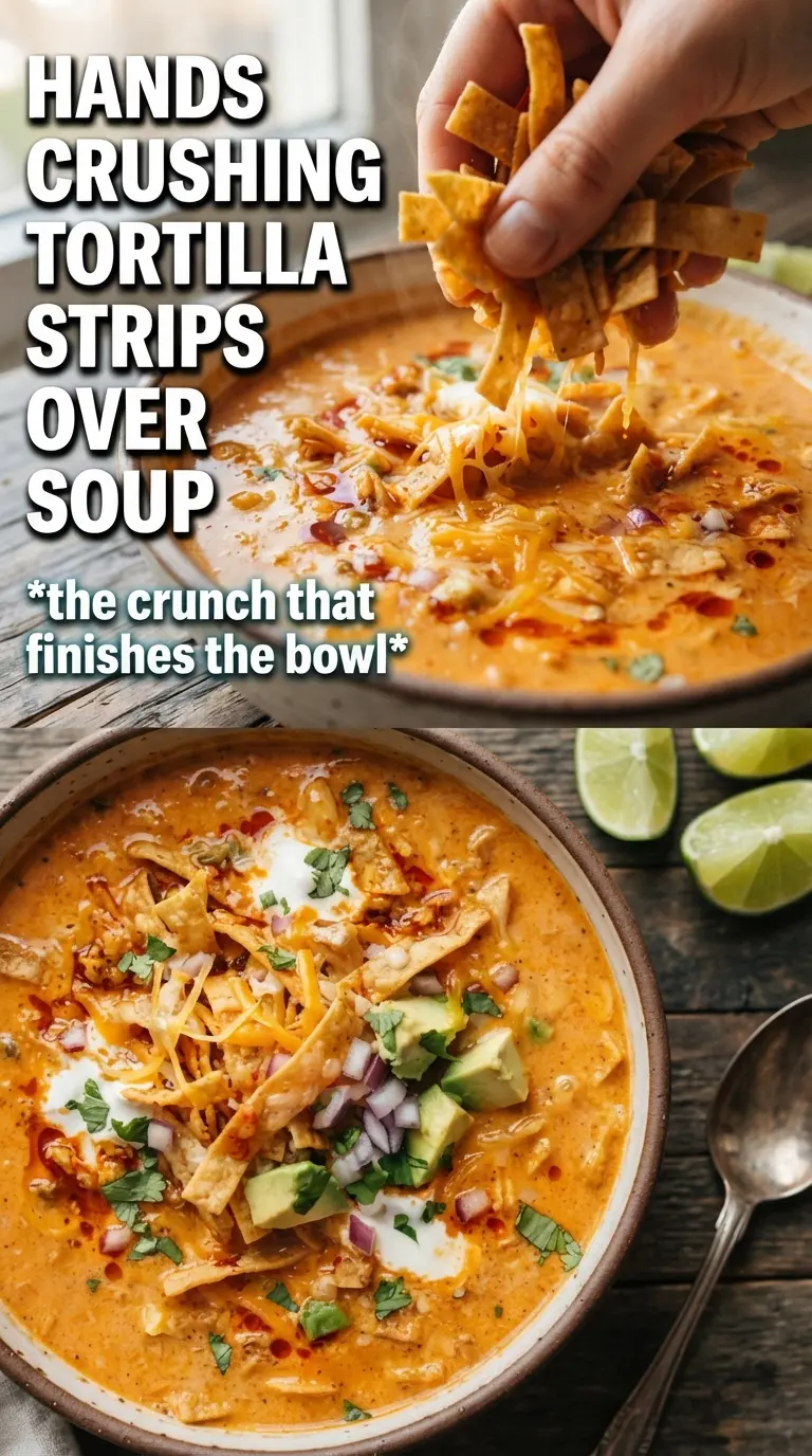 Creamy Chicken Tortilla Soup rich Tex-Mex broth, shredded chicken, tortilla strips
