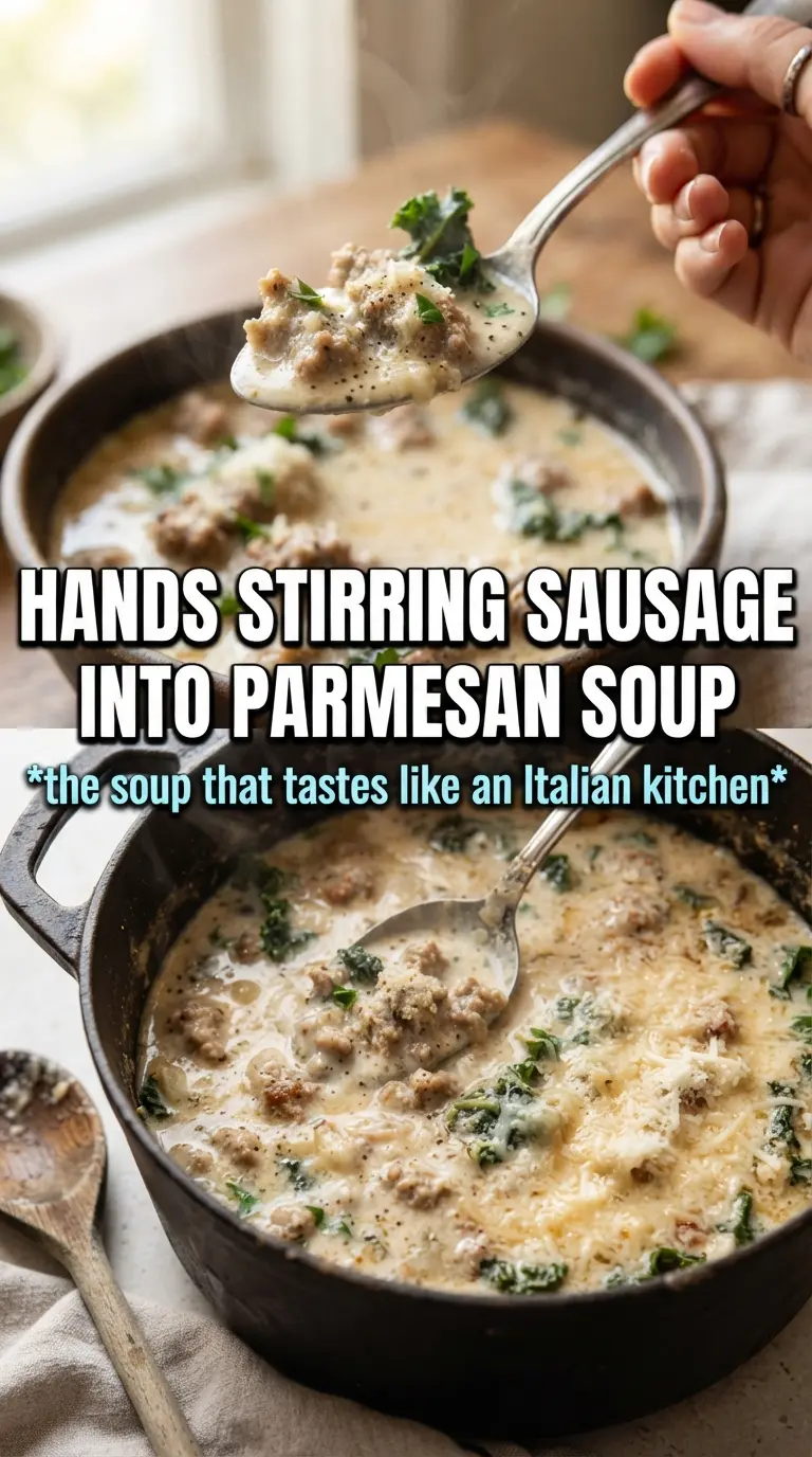 Creamy Parmesan Italian Sausage Soup with kale, pasta, and parmesan