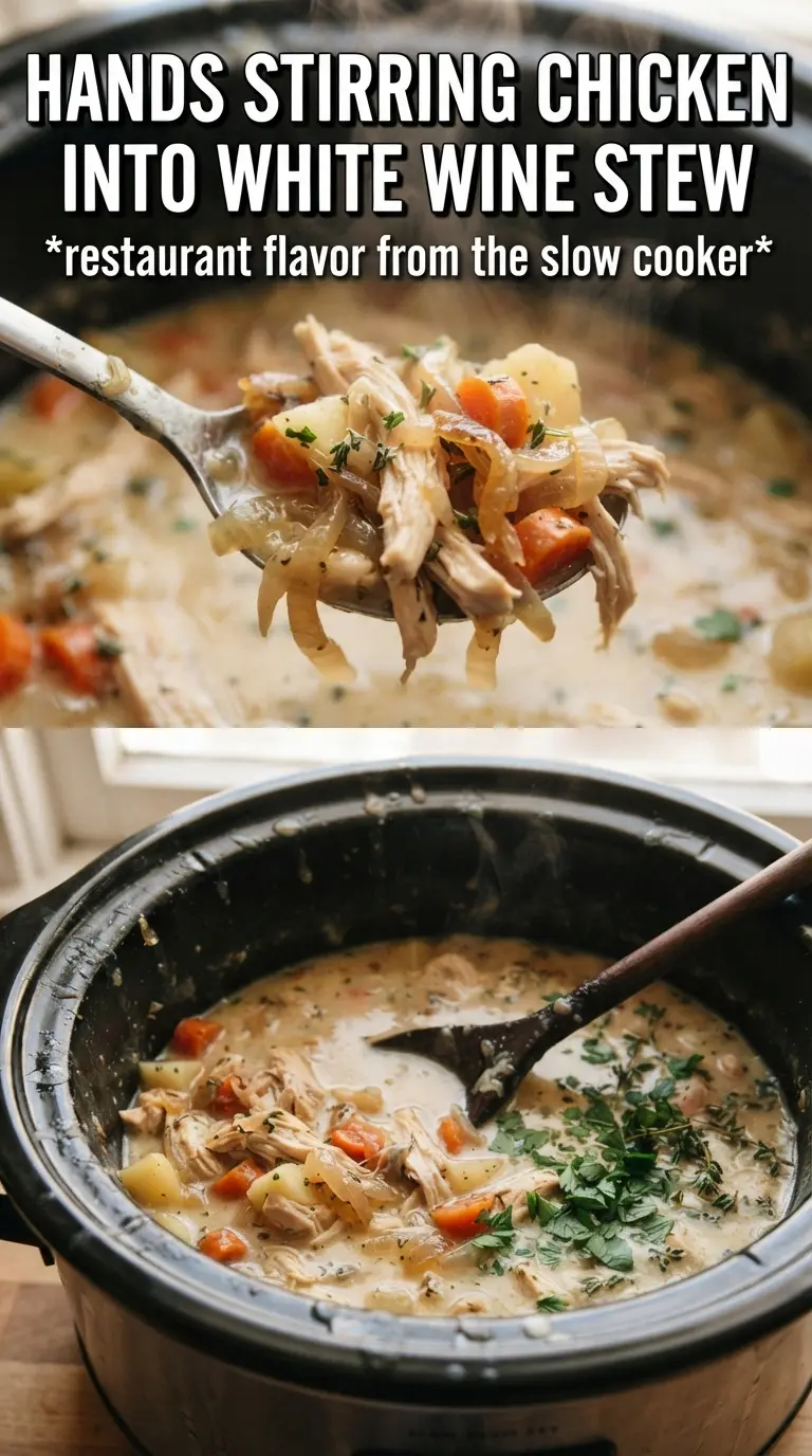 Slow Cooker White Wine Chicken Stew tender mushrooms thyme
